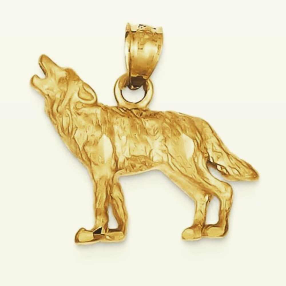 14K Yellow Gold Howling Wolf Necklace Charm